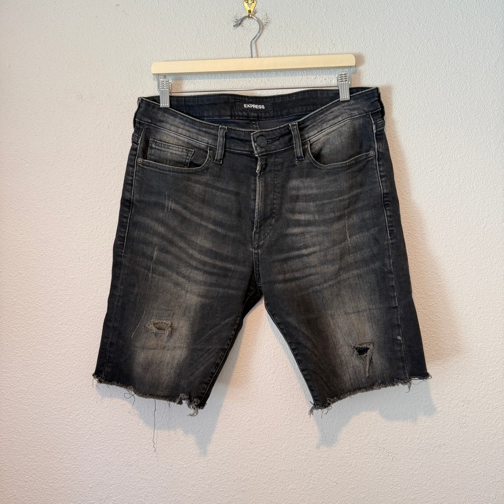 Express Slim Stretch Mens Distressed Black Denim Shorts Raw Hem Size 34